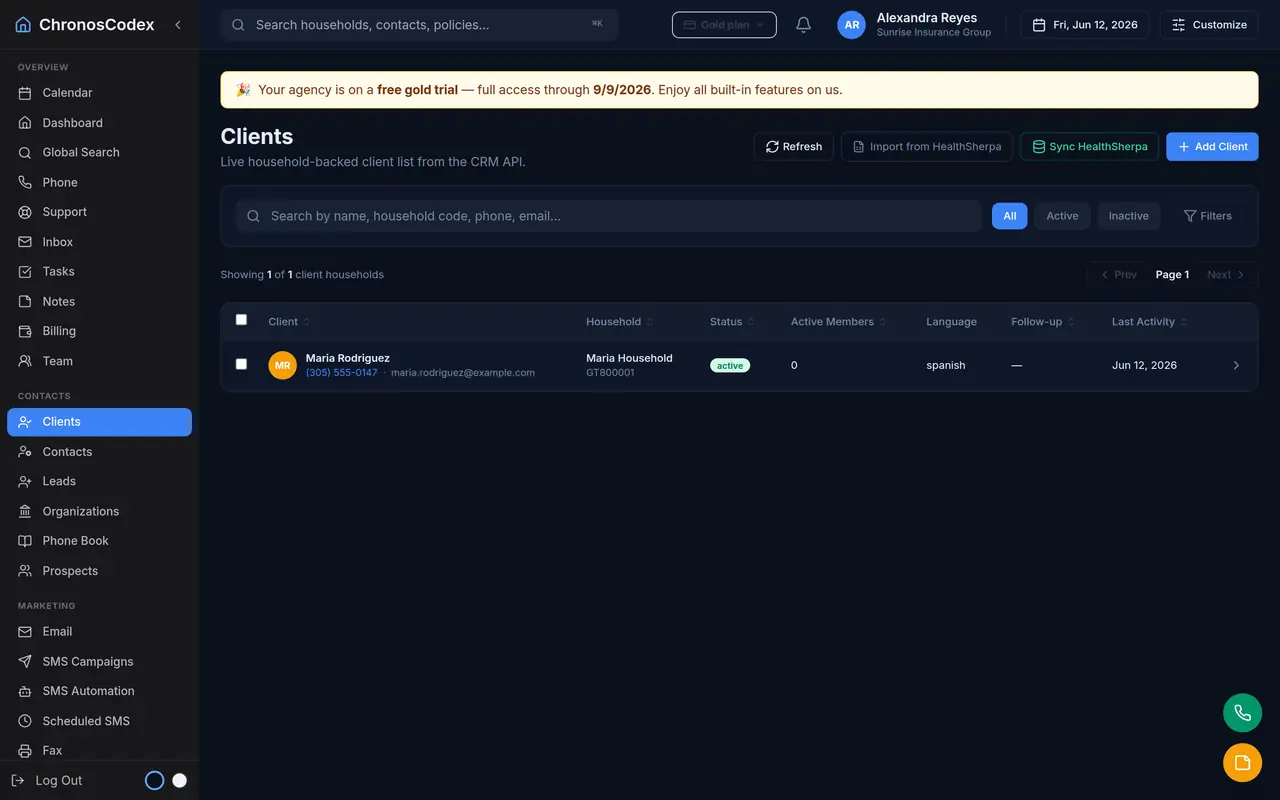 The ChronosCodex live demo showing a searchable client list of sample households