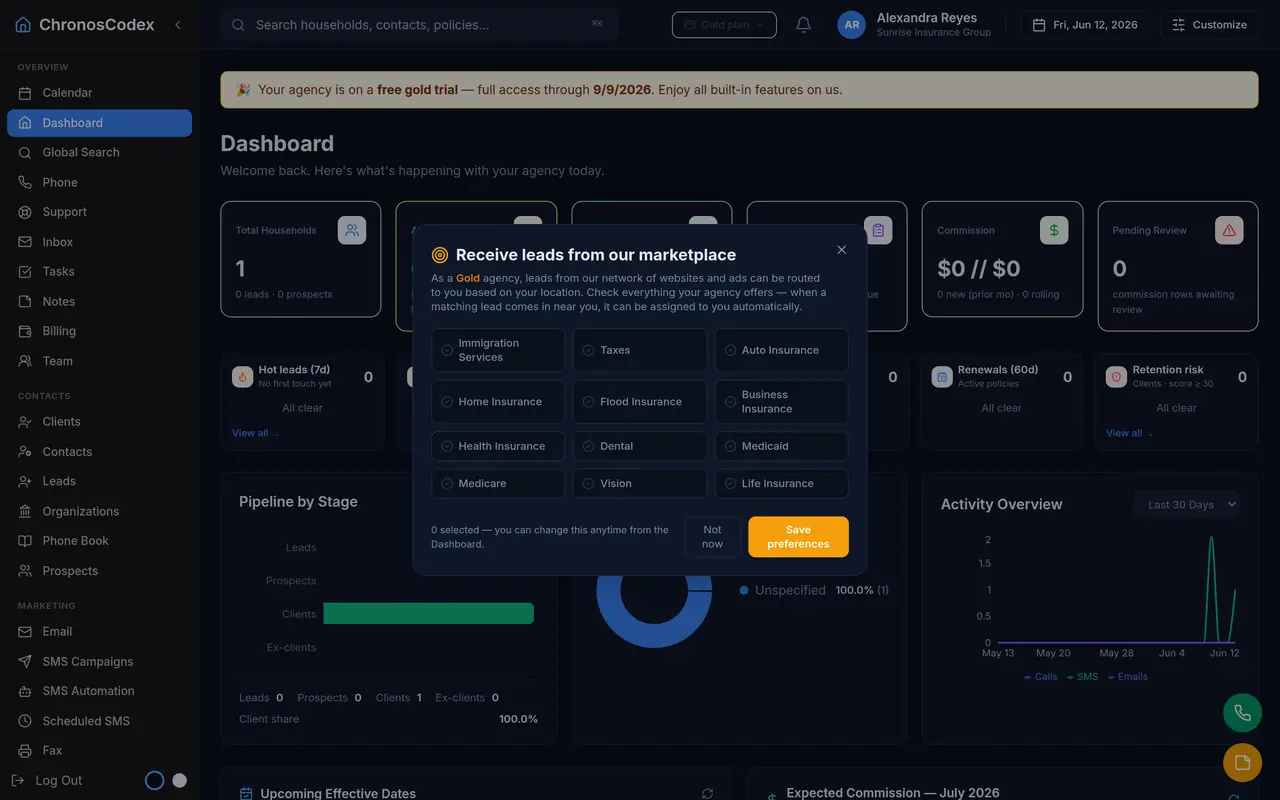 Sample book-of-business dashboard in the ChronosCodex demo