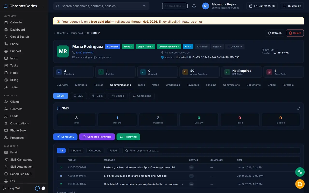 Sample SMS thread on a household timeline in the ChronosCodex demo